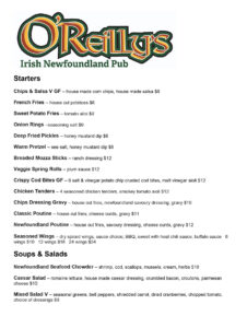 O'Reilly's Pub Takeout & Delivery Menu pg 1